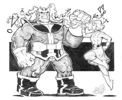 Saturn Girl and Thanos, pencils by comics artist Steve Mannion
