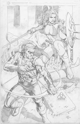 Red Arrow and Red Sonja, pencils by comics artist Lan Medina