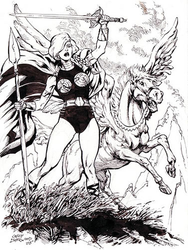 Valkyrie and Aragorn, pencils and inks by comics artist Geof Isherwood