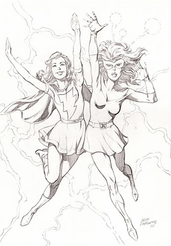 Mary Marvel and Marvel Girl, pencils by comics artist Geof Isherwood
