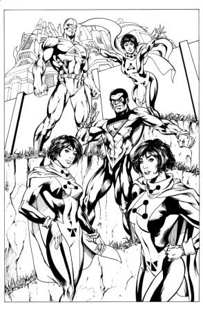 3-D Man, Triathlon, and Triplicate Girl, pencils and inks by comics artist MC Wyman