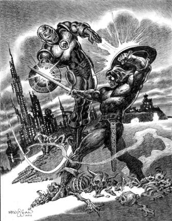 Iron Man and Conan the Barbarian, pencils and inks by comics artist Ernie Chan
