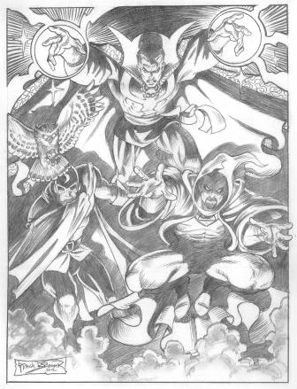 Doctor Strange, Doctor Mid-Nite, and Doctor Druid, pencils by comics artist Frank Brunner