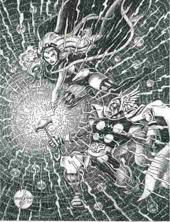 Storm and Beta Ray Bill, pencils and inks by comics artist Ernie Chan