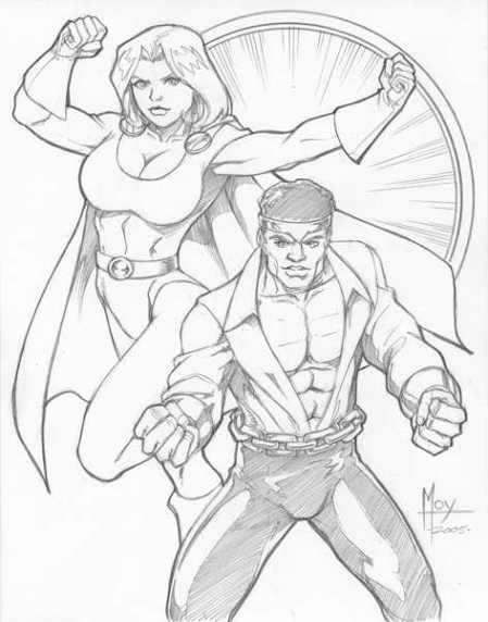 Power Girl and Power Man, pencil art by Jeffrey Moy