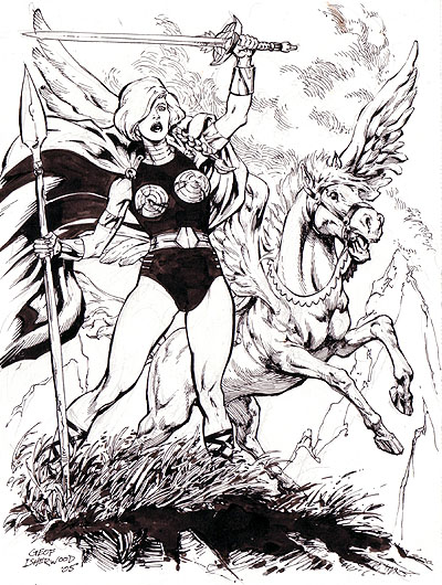 Valkyrie and Aragorn, pencils and inks by Geof Isherwood