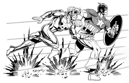 Booster Gold and Captain America, pencils and inks by Bob Layton
