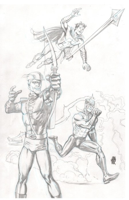 Green Arrow, Captain Marvel Jr. and Max Mercury, pencils by John Heebink
