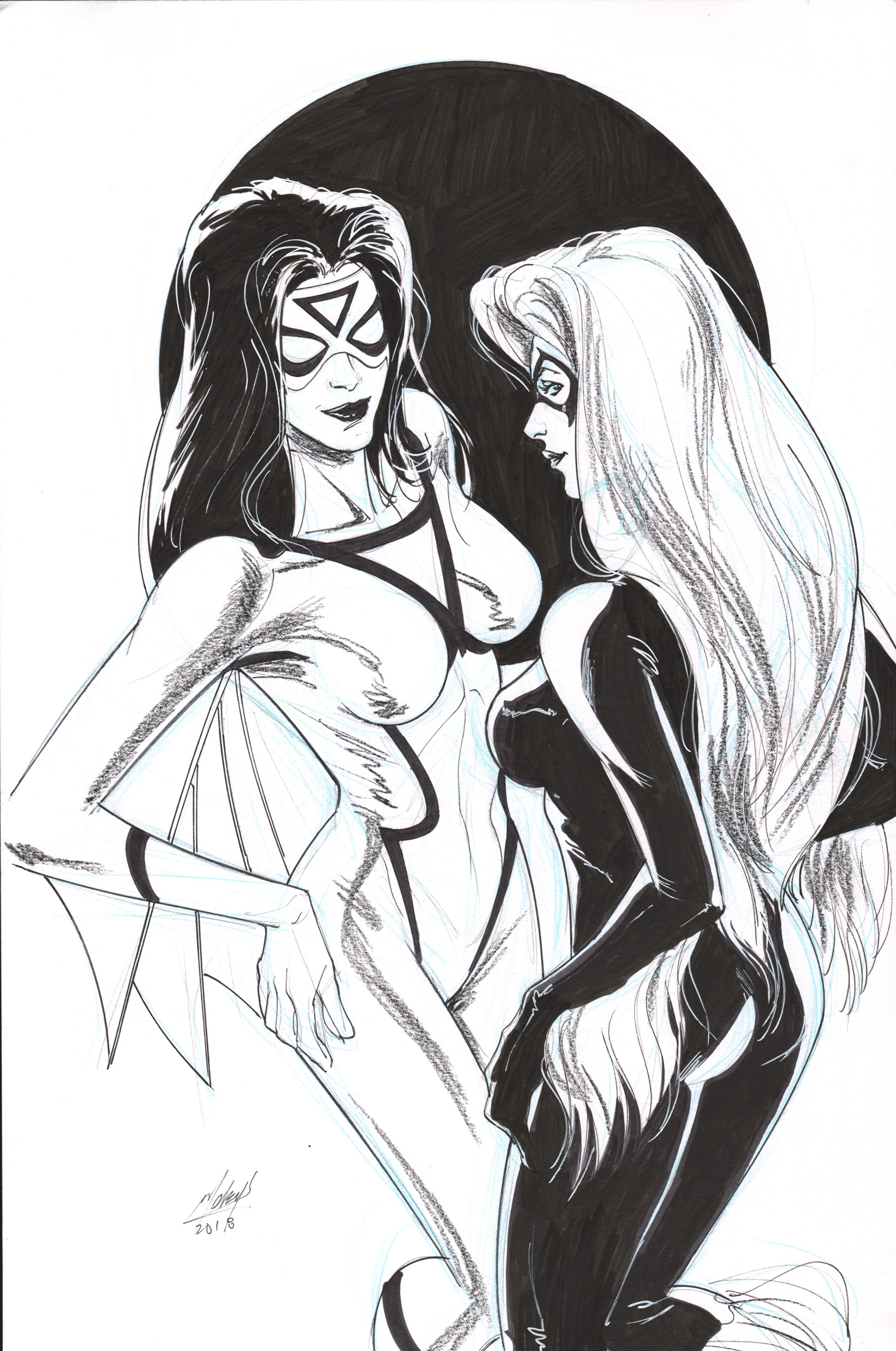 Spider-Woman (Jessica Drew) and Black Cat (Felicia Hardy), pencils and inks by Matt Haley