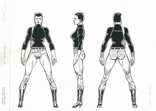 Misty Knight model sheet, pencils by Keith Pollard, inks by Joe Rubinstein