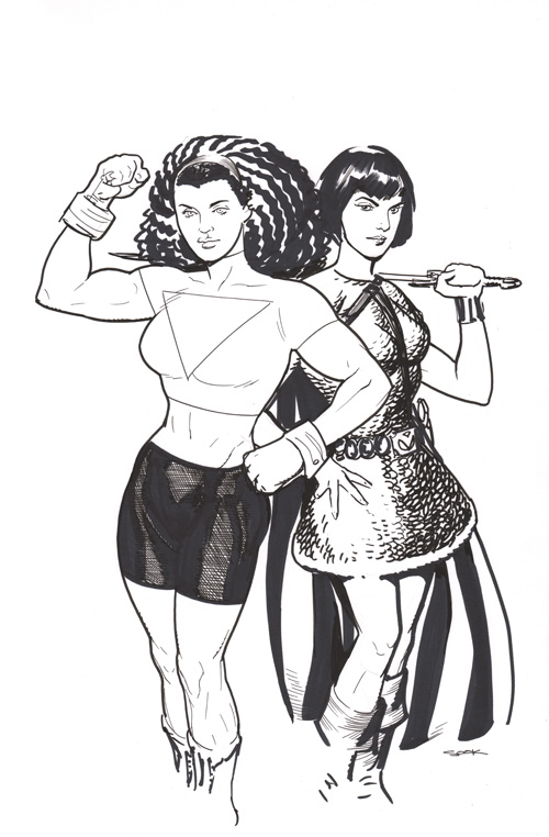 Tesla Strong and Valda the Iron Maiden, pencils and inks by Ryan Sook
